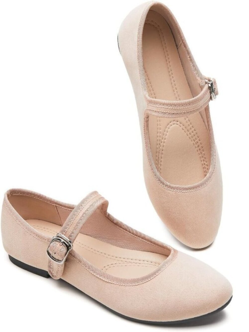 Babudog Womens Nude Faux Suede Rounded Toe Mary Jane Ballets Flats with Strap